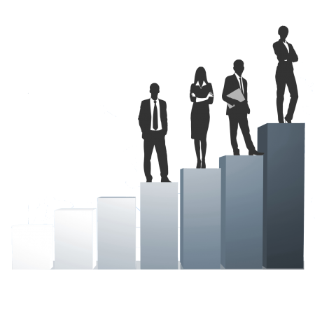 A stylized graphic with an ascending bar chart. On the bars are several silhouettes of men and women in business attire posing confidently. The image symbolizes linguistic advancement, personal development, and success.